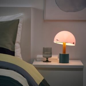NÖDMAST, LED portable lamp, battery operated, light pink/dark grey-green, 26 cm