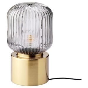 SOLKLINT, Table lamp, brass/grey clear glass, 28 cm